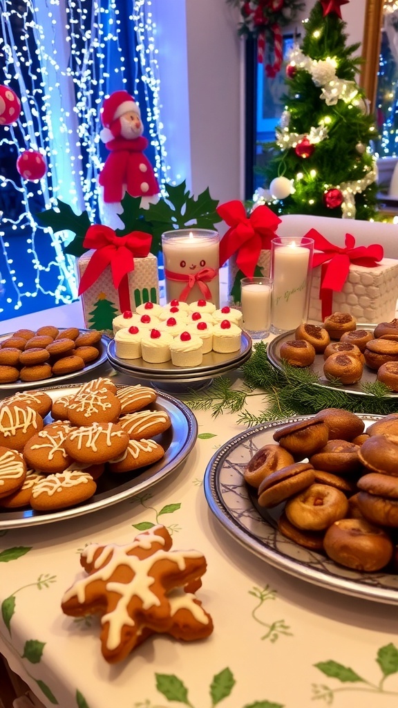 A festive table with gingerbread cookies and stuffed mushrooms for Christmas.